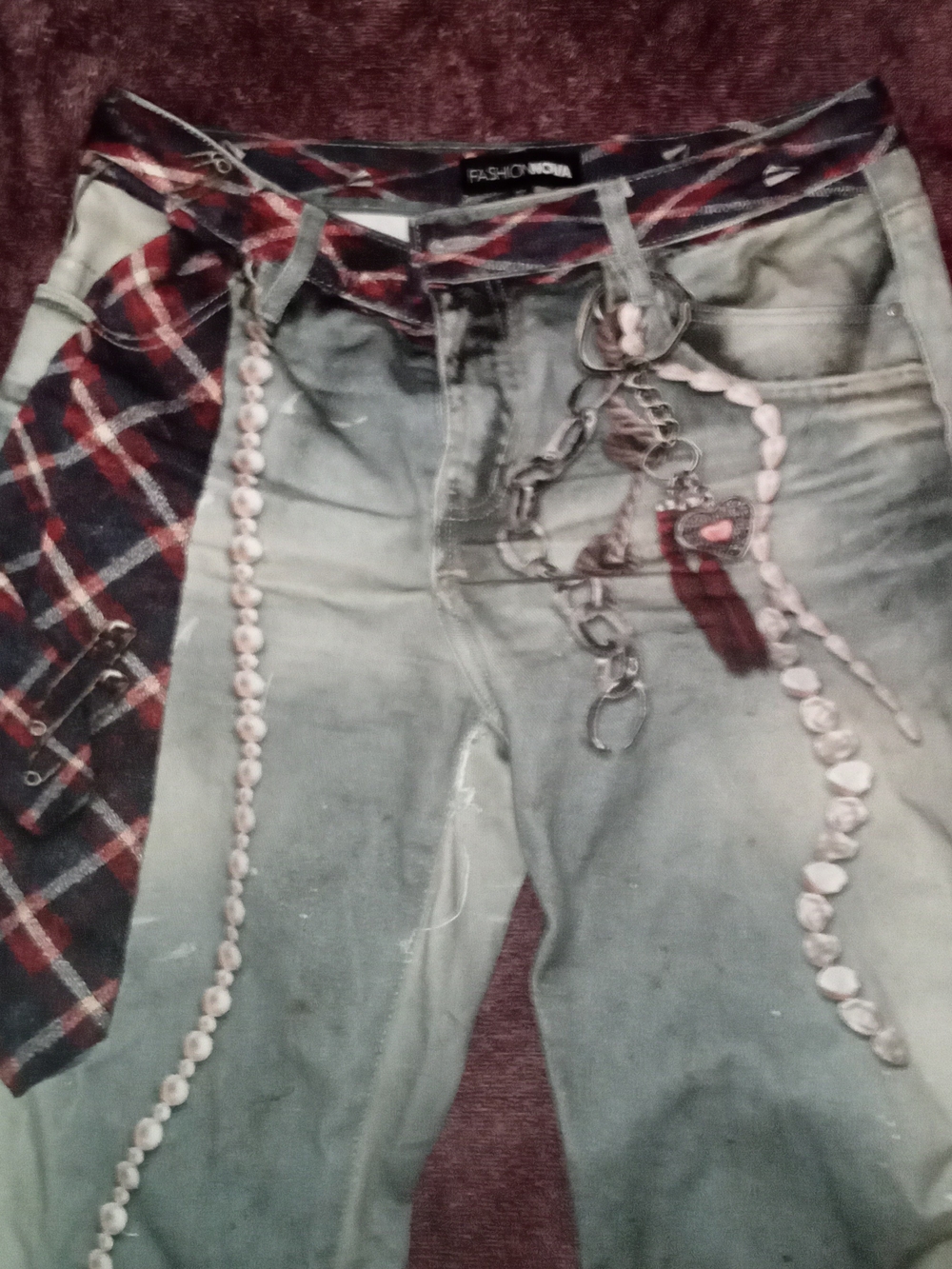 Fashion Nova Women's Wide Leg Distressed Jeans with Plaid Tie Painted Pearls